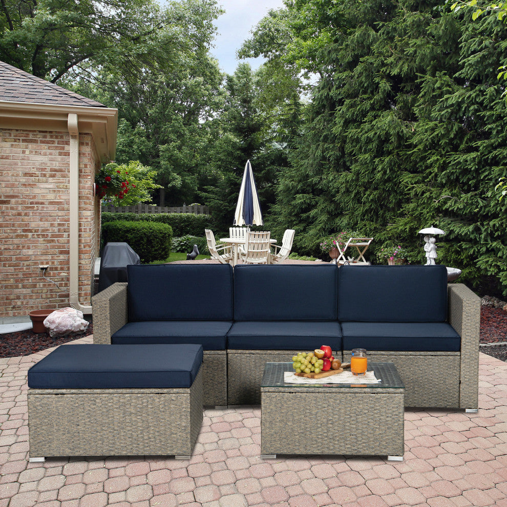 84" Wide Outdoor Wicker Reversible Patio Sectional With Cushions, Navy