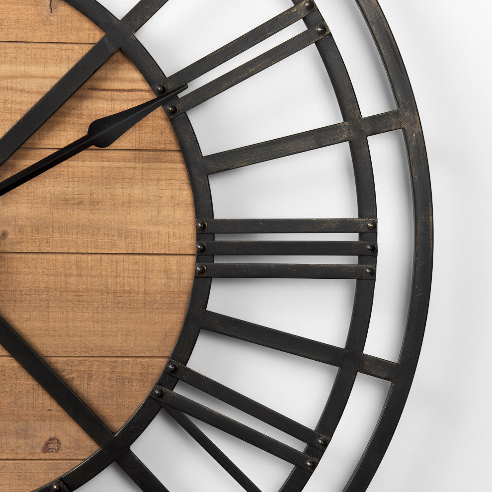 Lewiston Black Iron With Brown Wood 42" Round Wall Clock