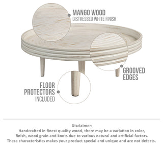 33" Coffee Table Mango Wood Round Top Grooved Edge Distressed White Finish