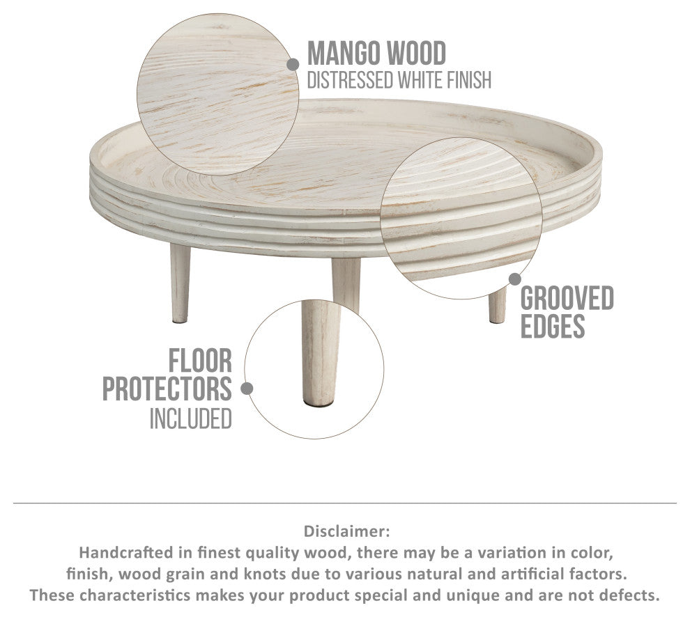 33" Coffee Table Mango Wood Round Top Grooved Edge Distressed White Finish