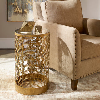 Luxe Gold Greek Key Fretwork Cage Accent Table | Round Drum Open Modern Elegant