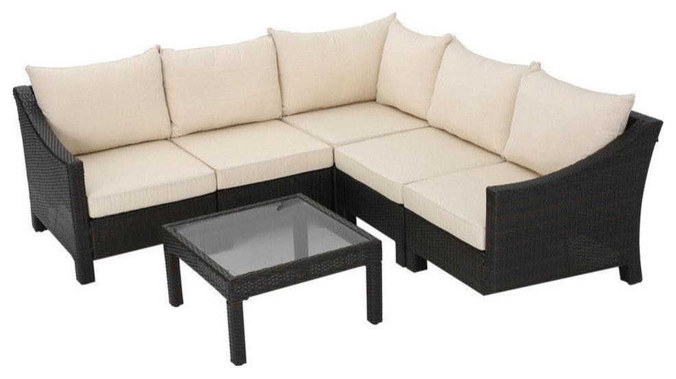 GDF Studio 6-Piece Caspian Outdoor Wicker Sectional Sofa Set With Cushions, Brow