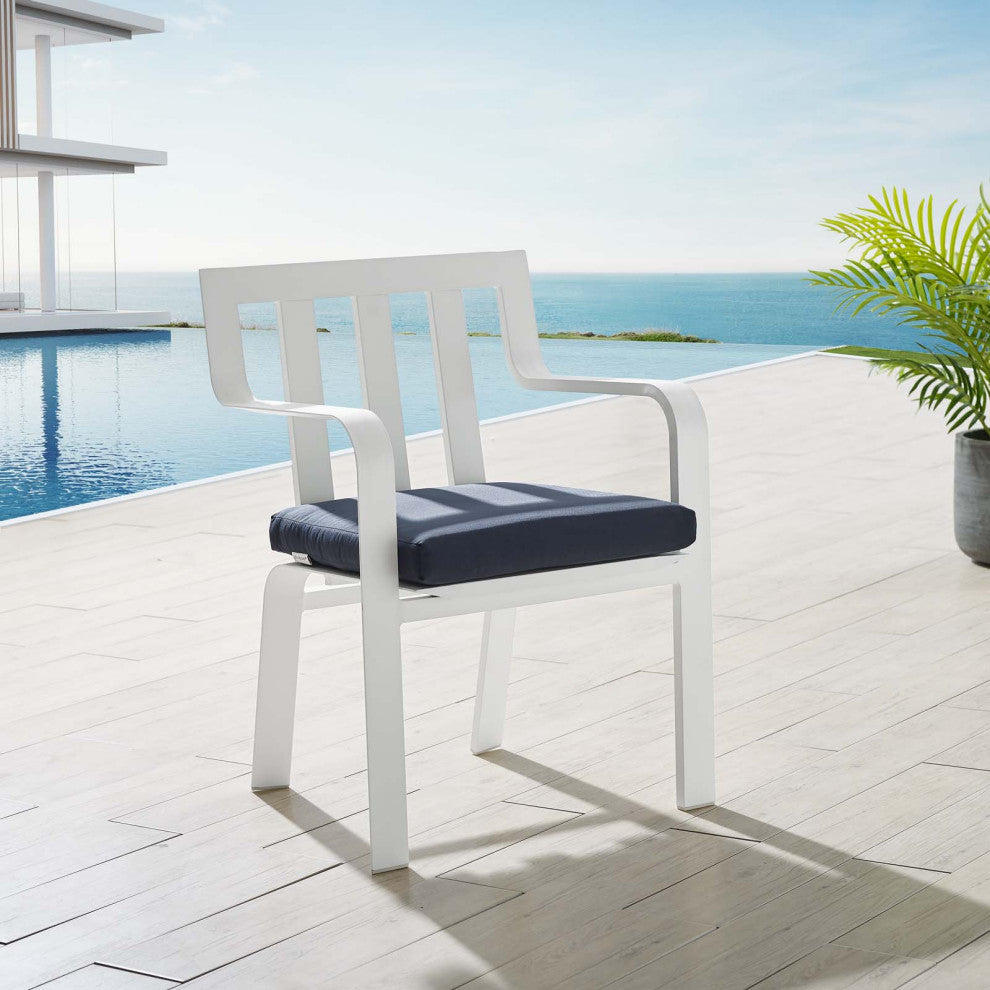 Outdoor Patio Side Dining Armchair Chair, Fabric Aluminum, Navy Blue White