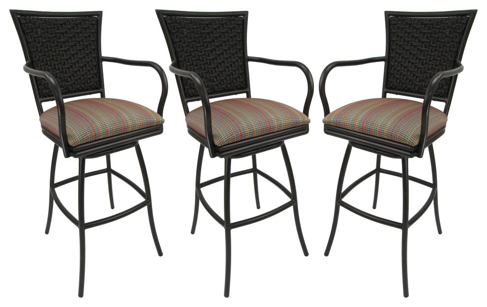 Set of 3, Outdoor/Indoor Swivel Bar Stools Erin, Multi Sun Stripe on Brown, 26"