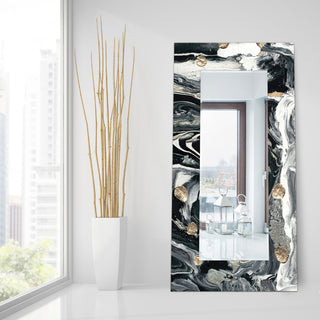 Abstract Rectangular Beveled Mirror on Free Floating Printed Tempered Art Glass