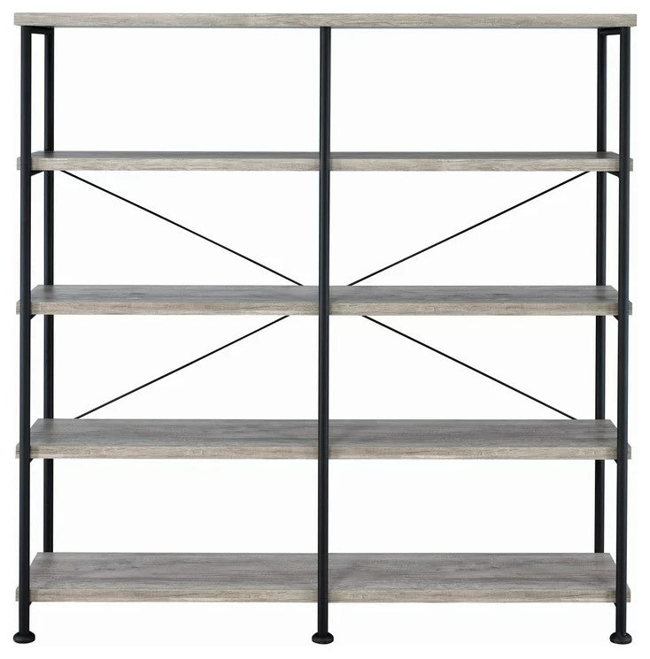 Industrial Bookcase, Wide Design With Open Metal Frame With 4 Shelves, Gray