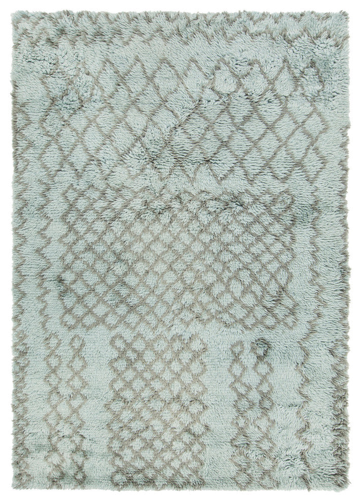 Jeri Hand Knotted Wool Rectangle Area Rug, 7'3/4" x 10'1/2", Blue/Gray