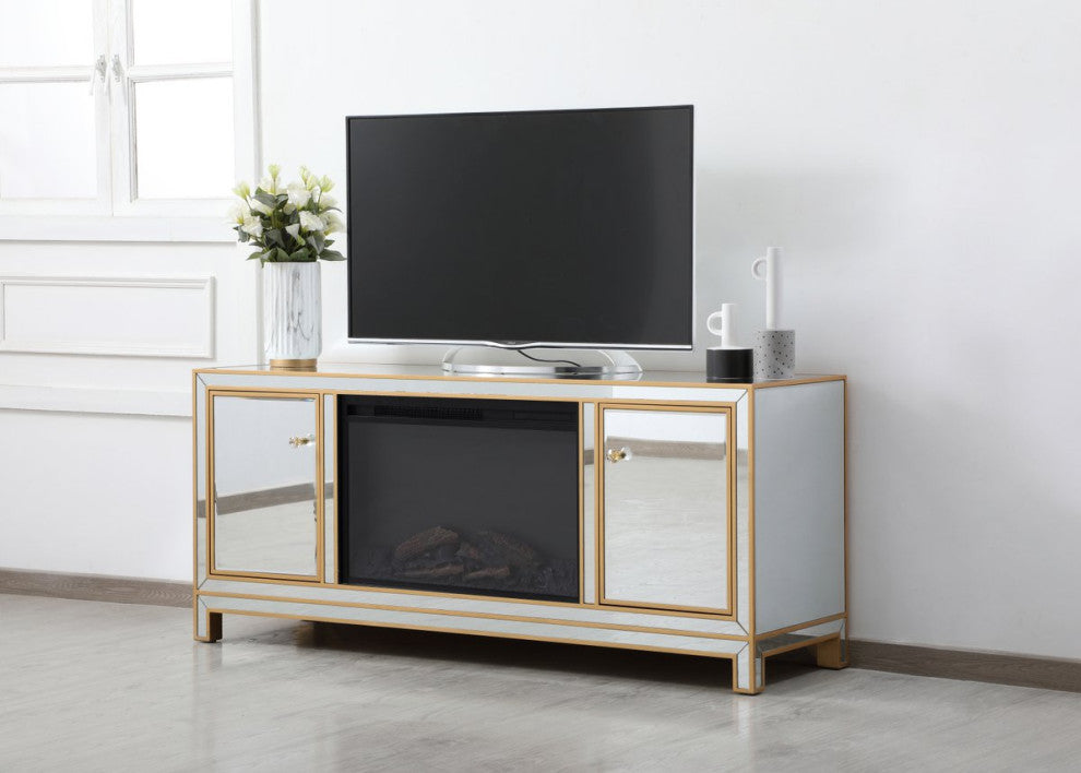 Rosie 60" Mirrored TV Stand With Wood Fireplace, Gold