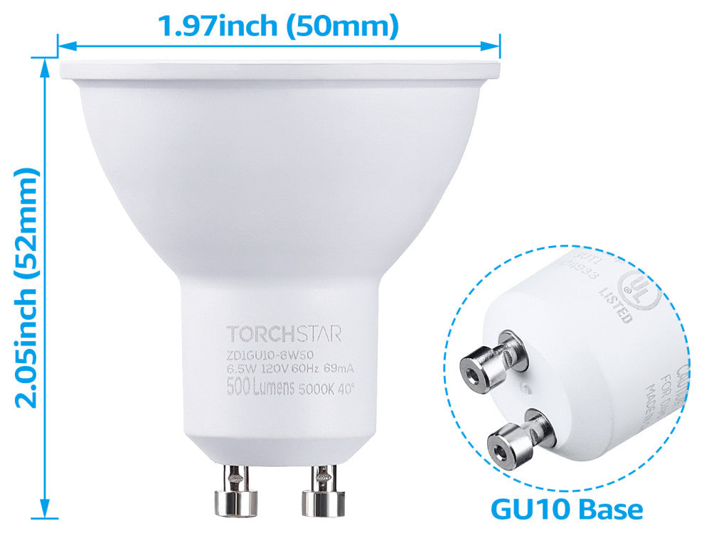 TORCHSTAR Dimmable GU10 LED Bulbs, 6.5W, Set of 6, 5000k Daylight