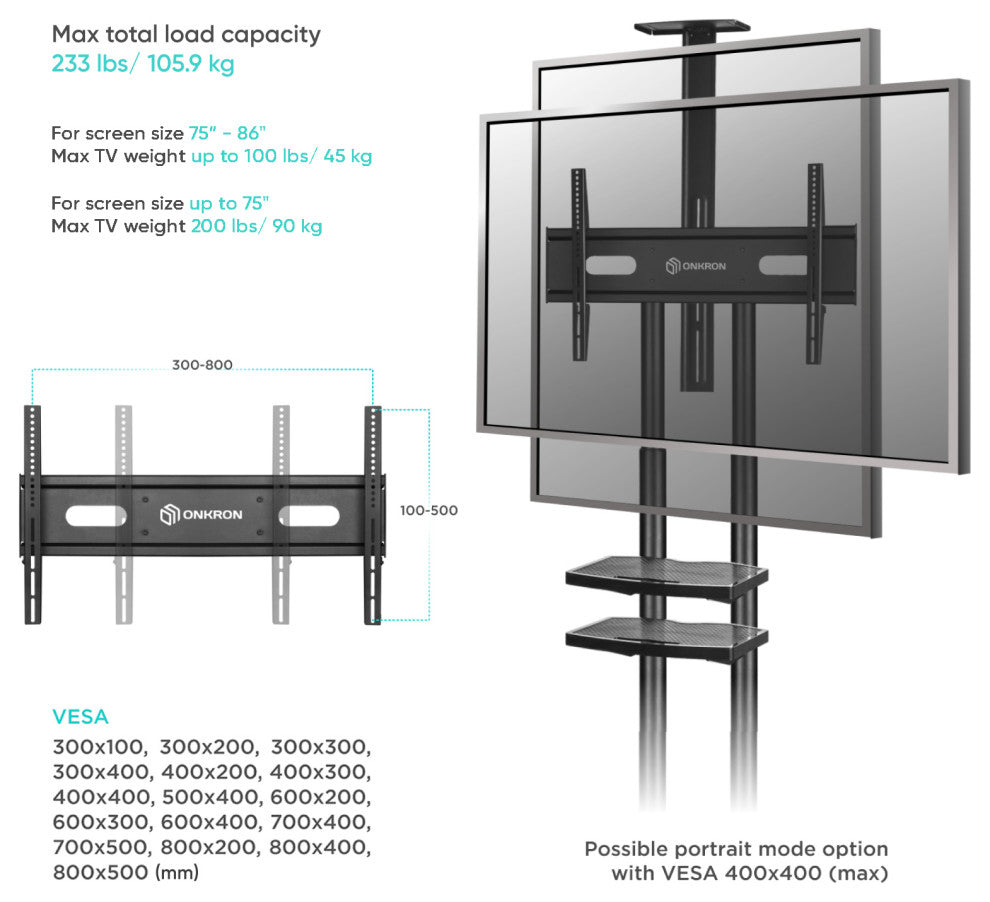 ONKRON Mobile TV Stand with Wheels Rolling TV Cart for 50-83" TVs up to 200 lbs
