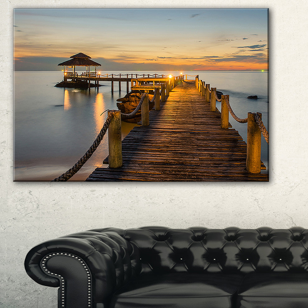 "Brown Wooden Pier in Evening" Seashore Canvas Photo Print, 32"x16"