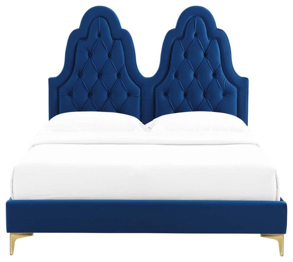 Tufted Platform Bed Frame, Twin Size, Velvet, Blue Navy, Modern Contemporary