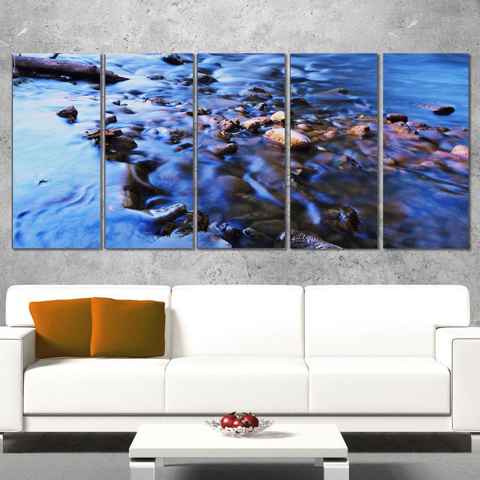 "Rock Blue River Panorama" Oversized Beach Canvas Artwork, 5 Panels, 60"x28"