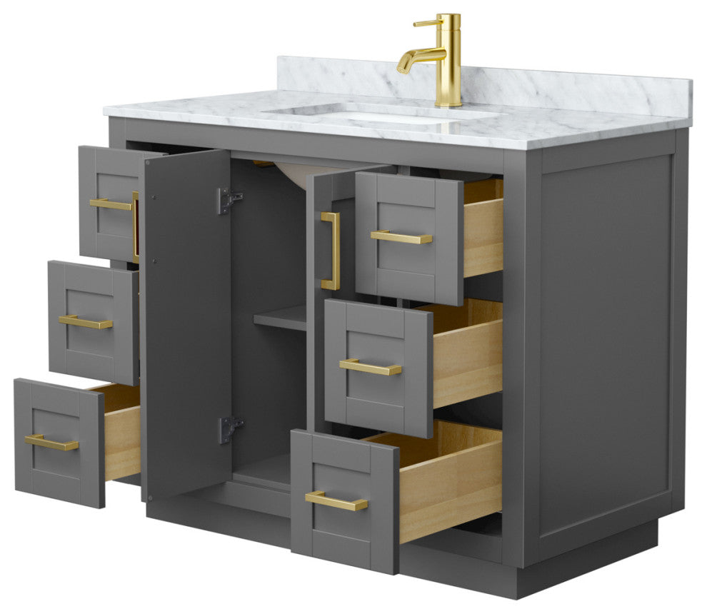 42" Single Bathroom Vanity Dark Gray, White Carrara Countertop, Sink, Gold Trim
