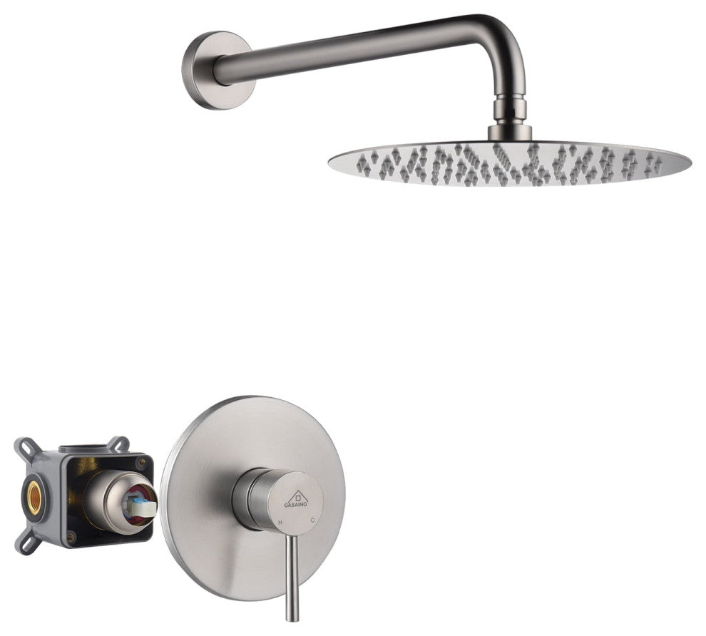 CASAINC 10" Round Wall Mounted Rainfall Luxury Shower System Kit, Brushed Nickel