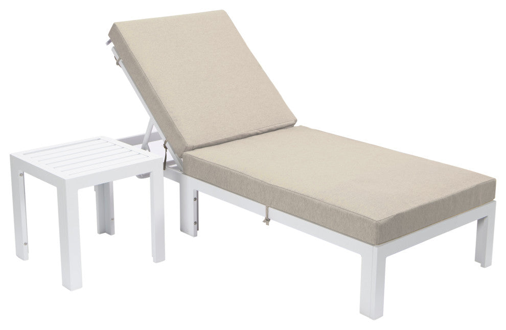 Chelsea White Chaise Lounge Chairs With Side Table, Beige