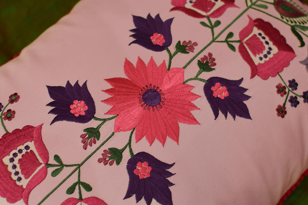 Lumbar Lavender Floral Cotton Decorative Pillow Cover Silk Embroidery  18x18"
