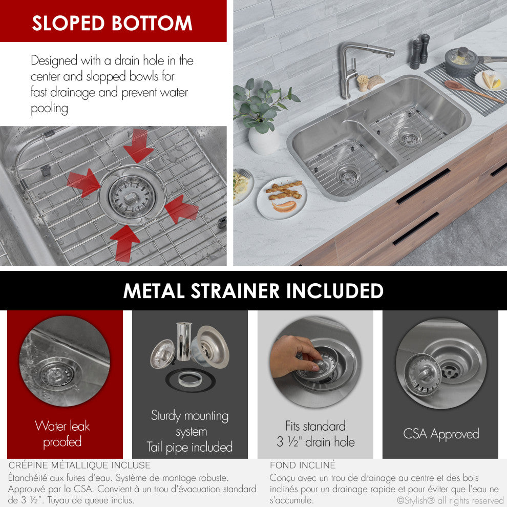 STYLISH 32 Low Divider Double Undermount and Drop-in Kitchen Sink