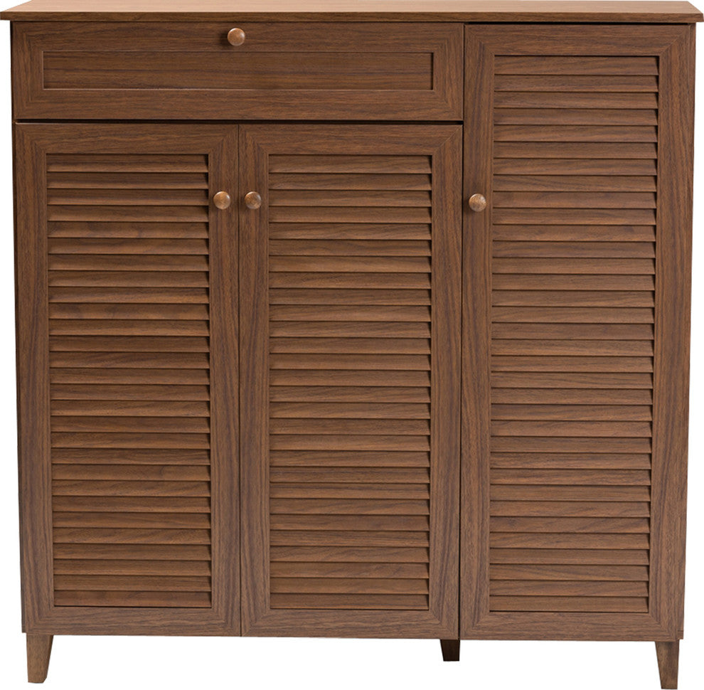 Modern Walnut Finished 11-Shelf Wood Shoe Storage Cabinet With Drawer
