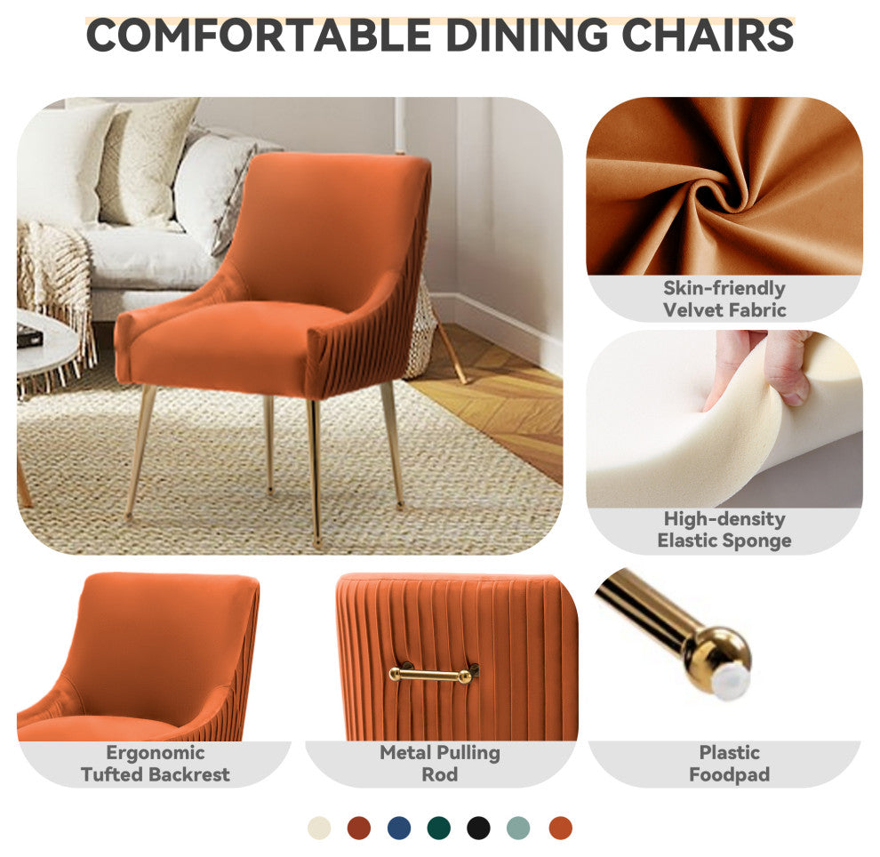 Glam Pleated Velvet Dining Chair Set of 2, Tufted Side Accent Kitchen Chair, Orange