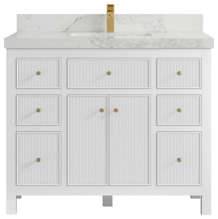 Sonoma 42 Single Sink Reeded Bath Vanity in White 2" Calacatta Nuvo