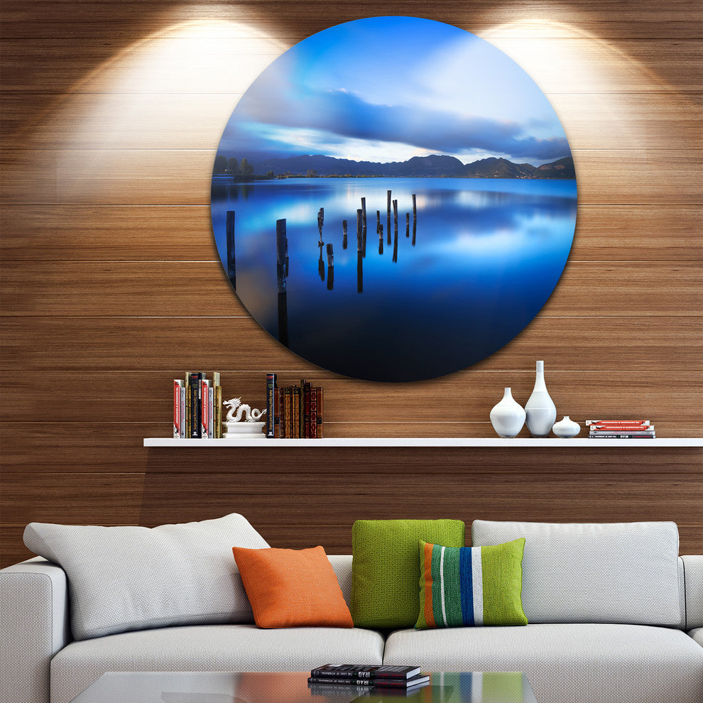 Blue Lake Sunset With Pier, Landscape Photo Disc Metal Wall Art, 11"