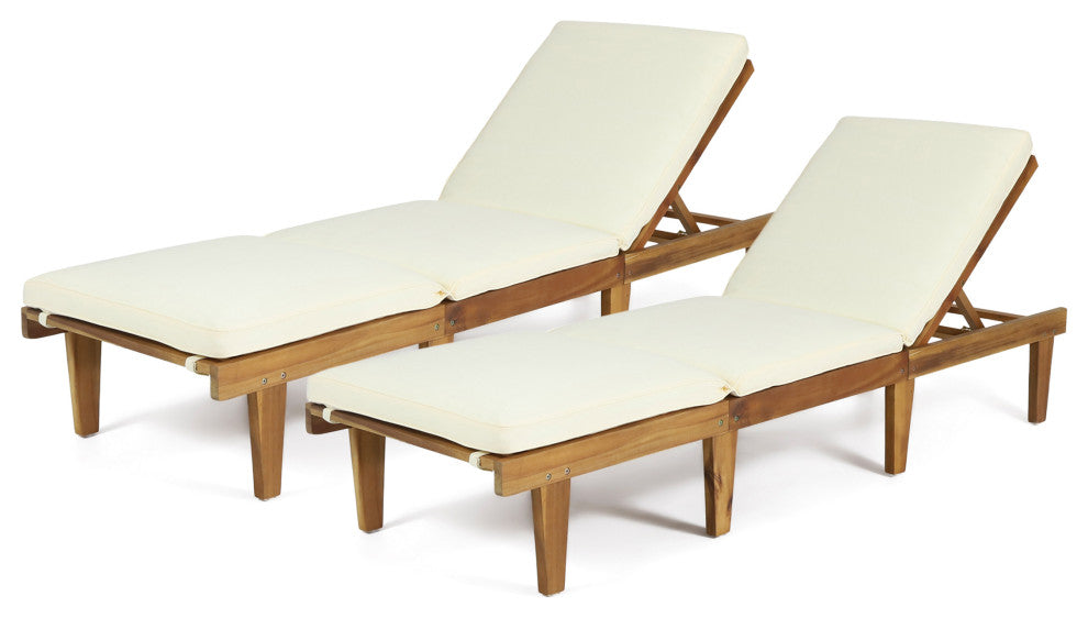 Paolo Outdoor Teak Wood Chaise Lounge With Cushion, Set of 2