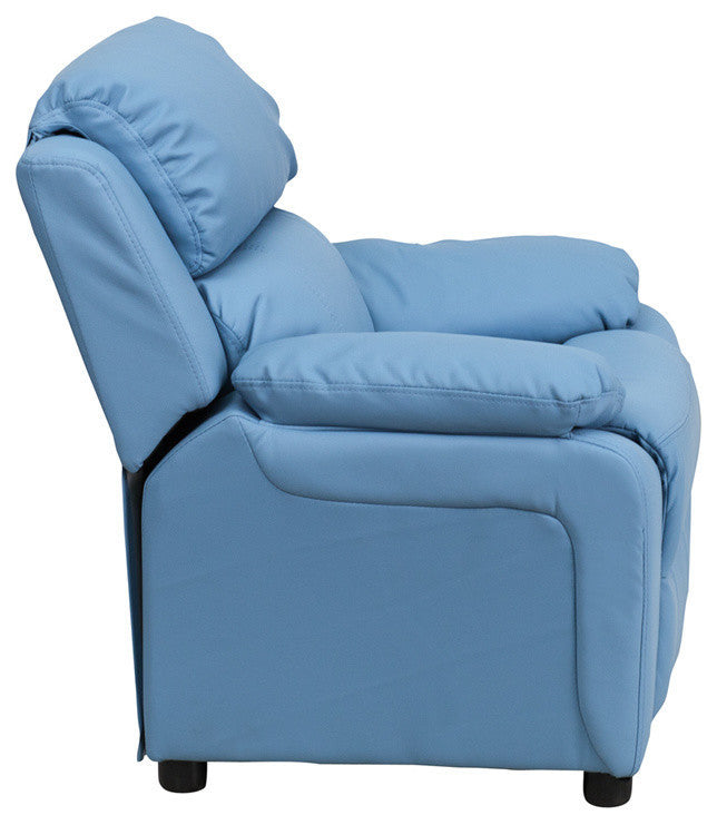 Deluxe Padded Contemporary Light Blue Vinyl Kids Recliner With Storage Arms