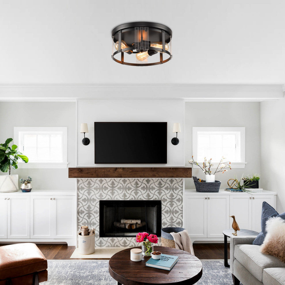 3-light Flush Mount Chandelier with Mental and Acrylic Lampshade