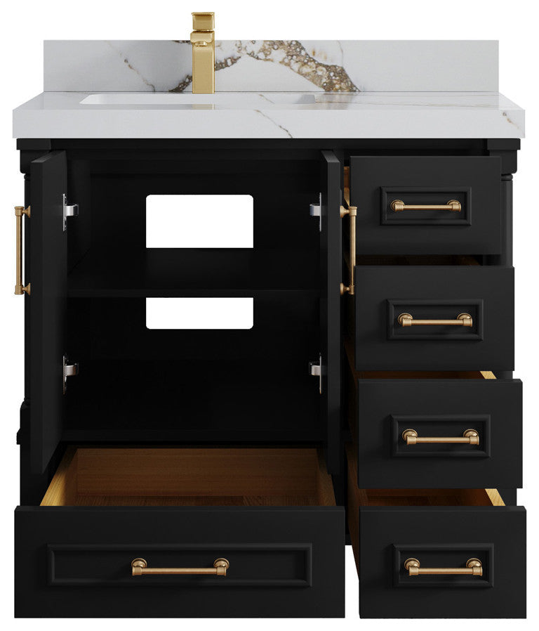 Aberdeen 36 Left Offset Bath Vanity In Black 2" Calacatta Gold