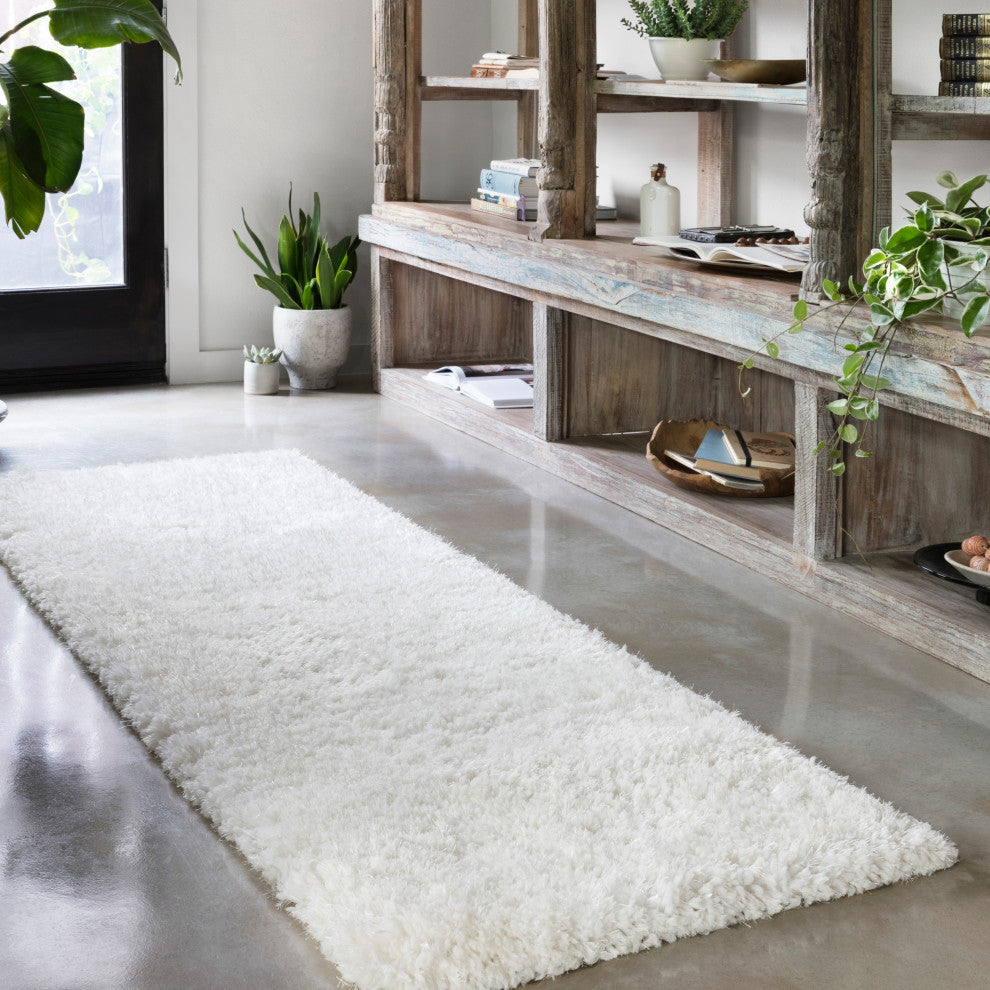 Hand Tufted Polyester Mila Shag Area Rug by Loloi II, White, 2'3"x7'6"