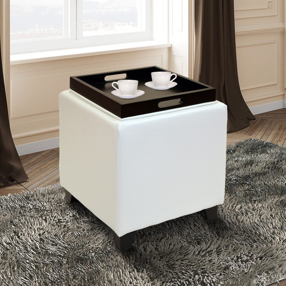Contemporary Storage Ottoman With Tray, White
