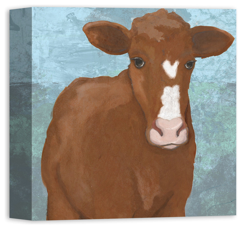 Brown Cow Painting Print 12x12 Canvas Wall Art