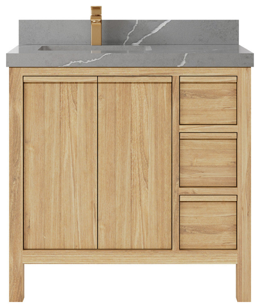 Elizabeth 36 Left Offset Bath Vanity in Light Natural Teak 2" Piatra Gray