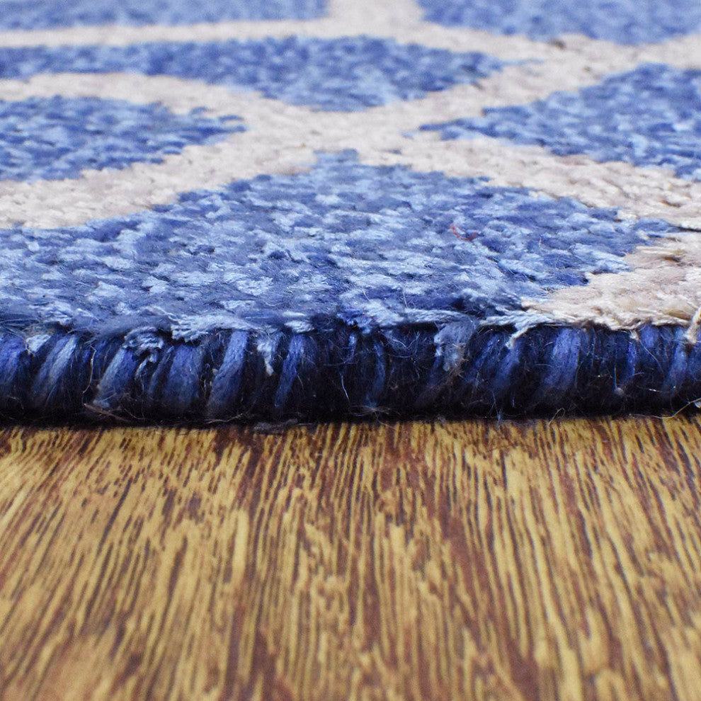 Hand Knotted Wool Area Rug Geometric Blue Beige