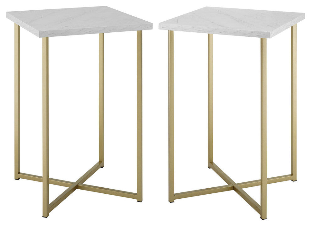 Modern Glam 2-Piece Metal and Wood Square Accent Tables "“ Faux White Marble/Gold