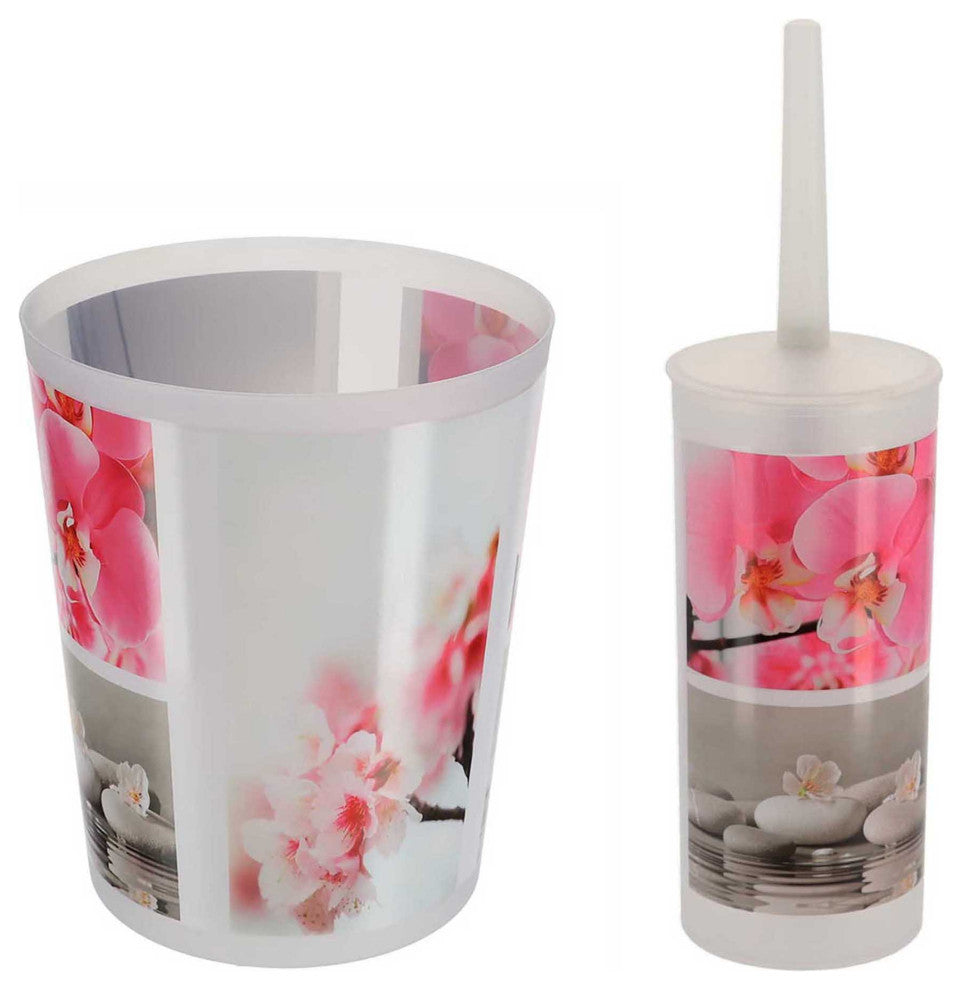 Bathroom Accessory Set - Decorative Plastic Waste Basket and Toilet Brush, Orchid