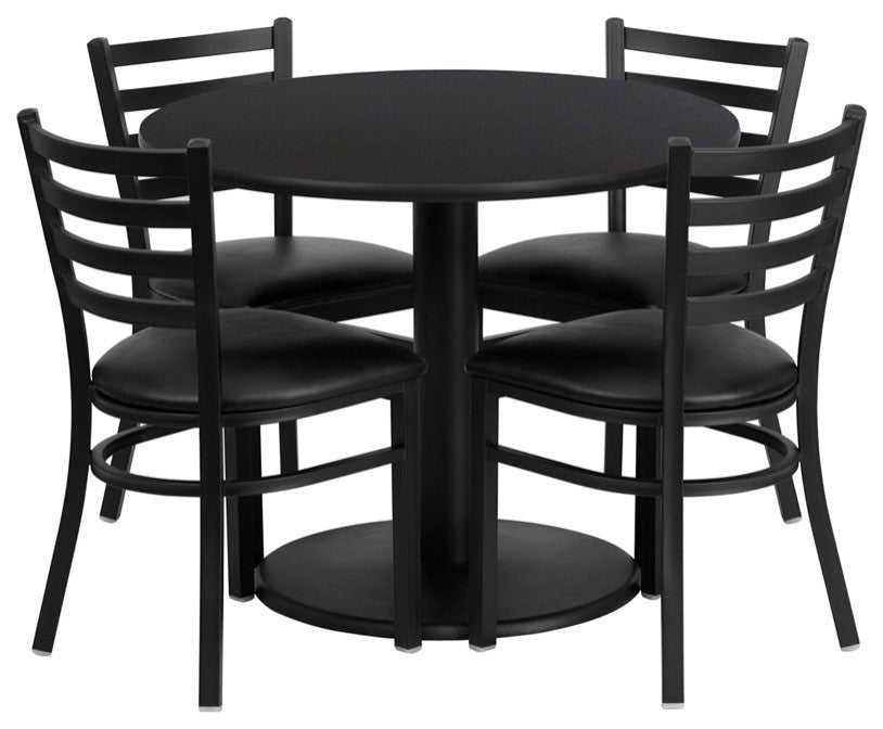 36" Round Black Laminate Table Set With 4 Ladder Back Chairs, Black