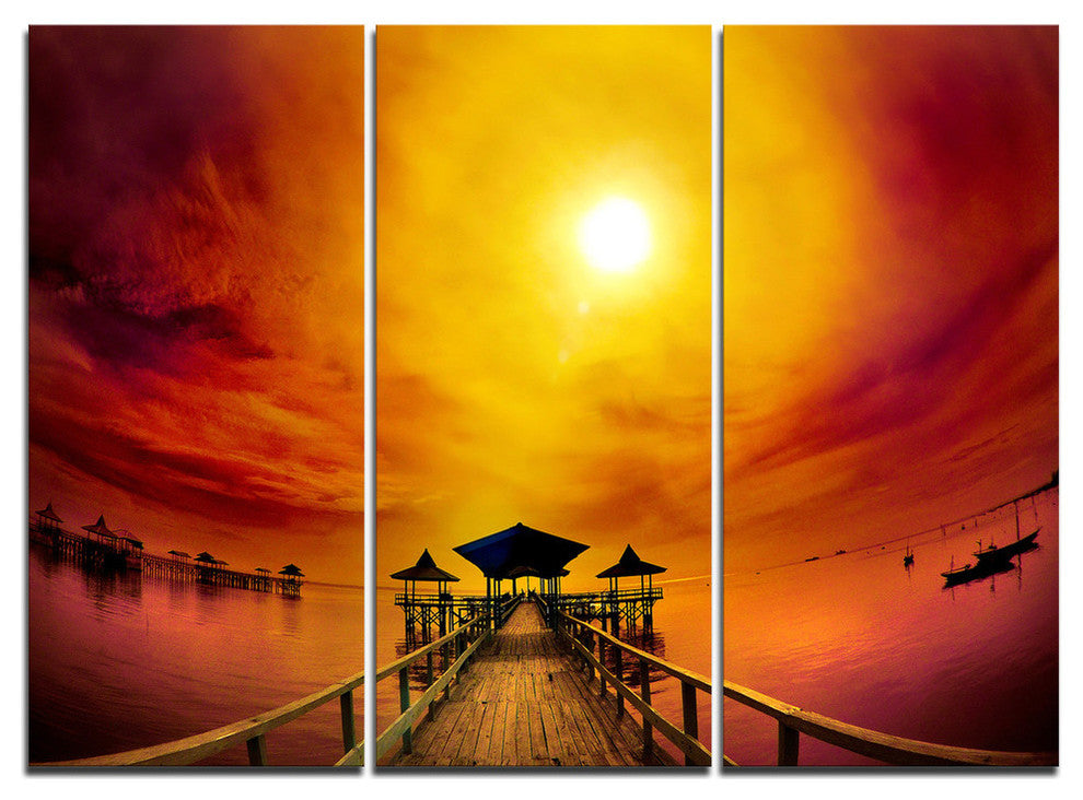 "Exotic Wood Pier Under Yellow Sun" Metal Wall Art, 3 Panels, 36"x28"
