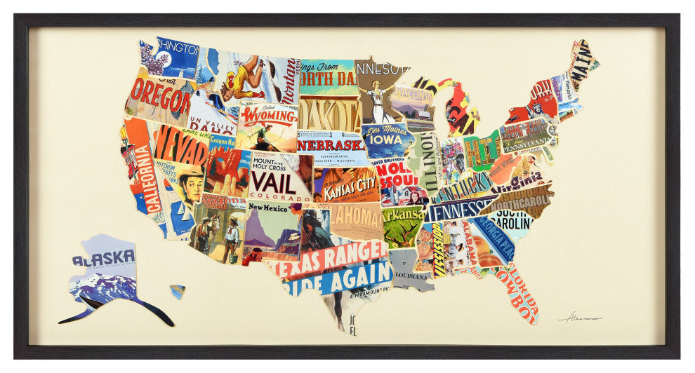 America Map Handmade Dimensional Collage Framed Graphic Wall Art Under Glass Art