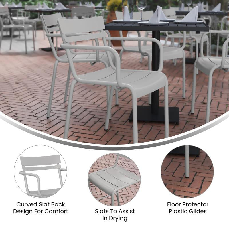 Nash Commercial Grade Steel Indoor-Outdoor Stackable Chair with 2 Slats and Arms, Silver