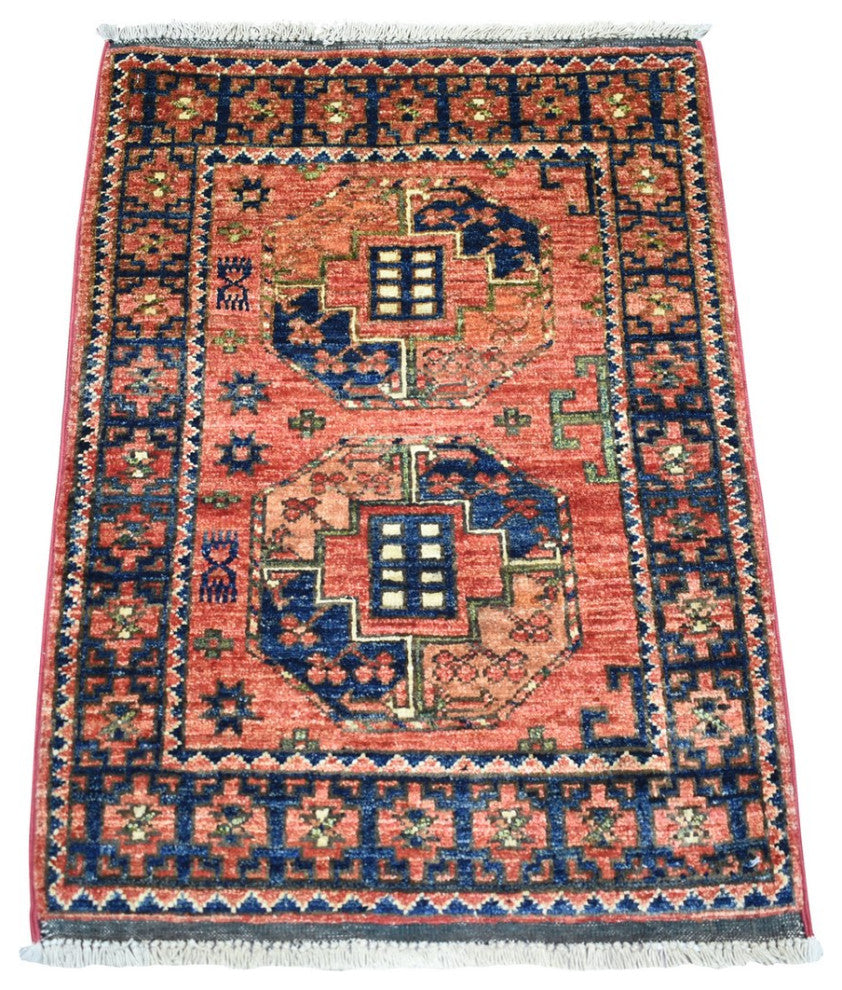 Coral Red Natural Dyes Afghan Ersari Pure Wool Hand Knotted Rug, 2'1" x 2'10"