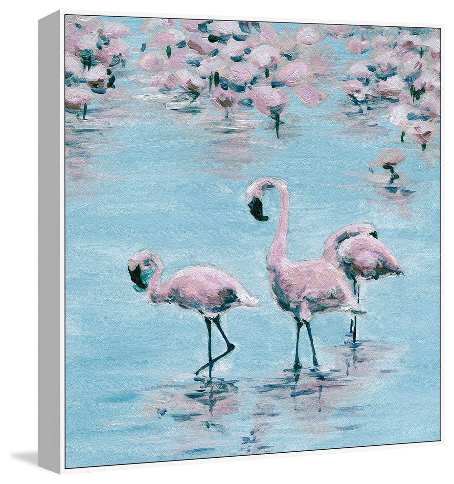 "Three Flamingos" Floater Framed Painting Print on Canvas, 48"x48"