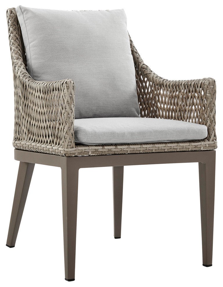 Silvana Outdoor Wicker Metal Gray Dining Chair With Beige Cushions, Set of 2