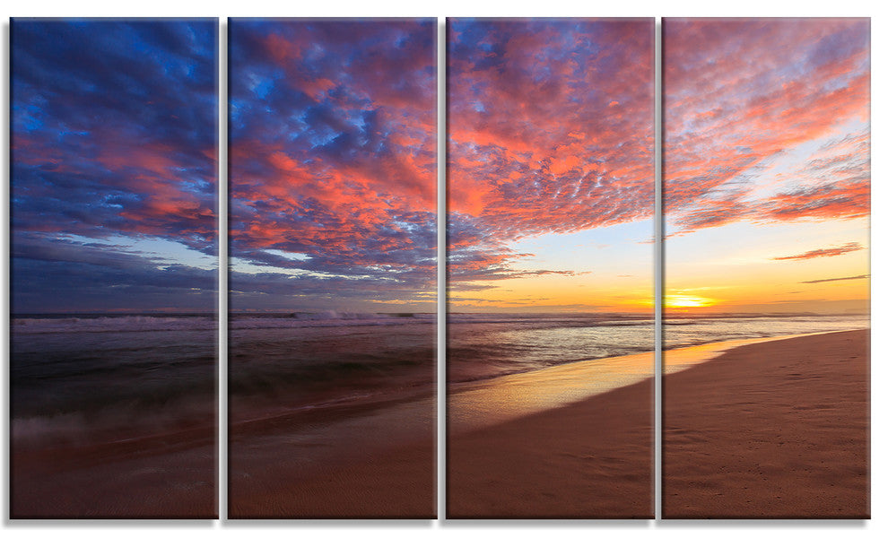 Colored Clouds in Beach at Sunset, Seashore Canvas Print, 48"x28", 4 Panels