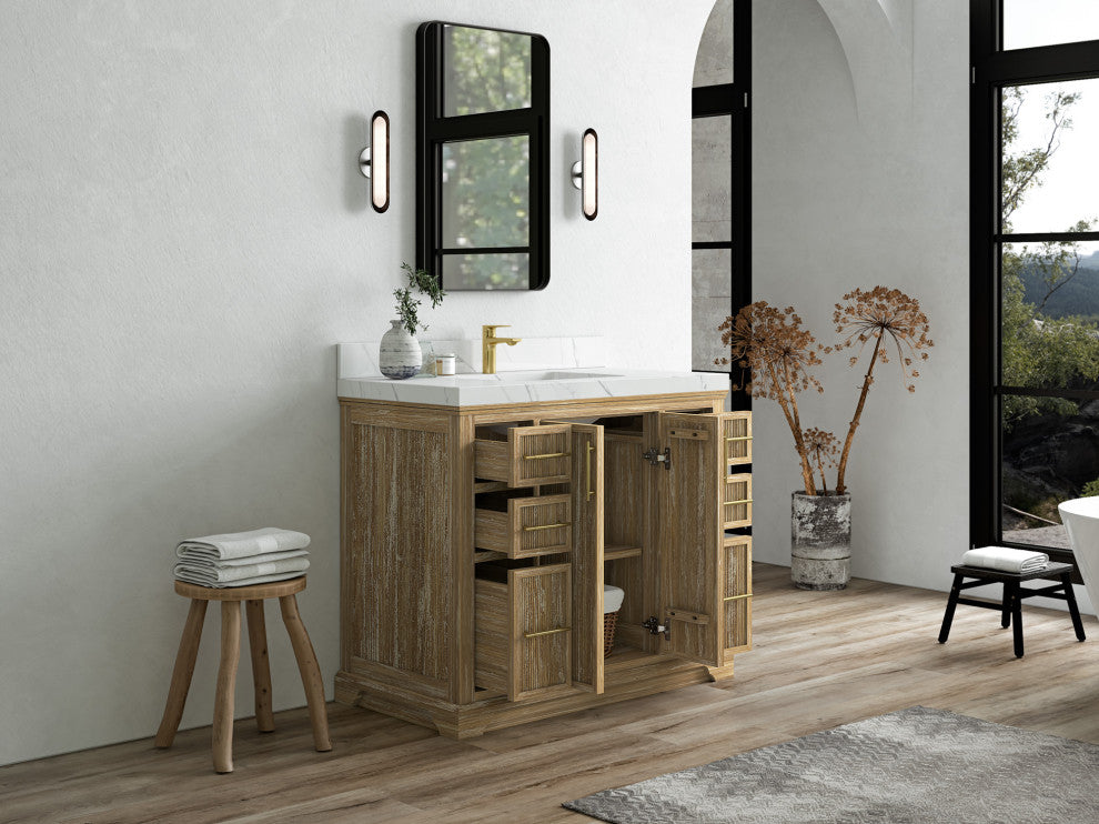 Alys Teak 42 Single Sink Bathroom Vanity Whitewashed 2" Calacatta Nuvo