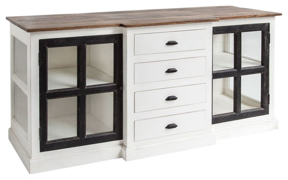 75" Brown and White Solid Wood Four Drawer Sideboard With 2-Glass Doors