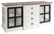 75" Brown and White Solid Wood Four Drawer Sideboard With 2-Glass Doors
