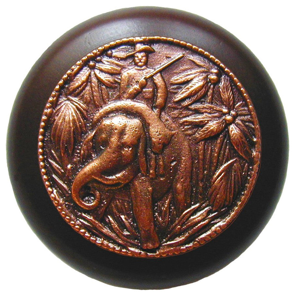 Jungle Patrol Wood Knob, Antique Brass, Dark Walnut Wood Finish, Antique Copper