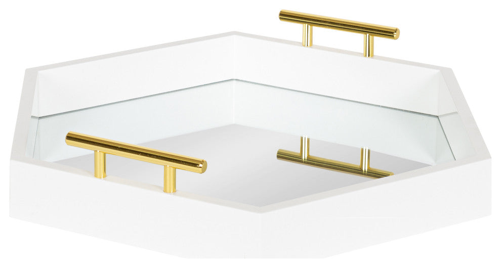 Lipton Hexagon Decorative Tray with Metal Handles, White/Mirror 18x18